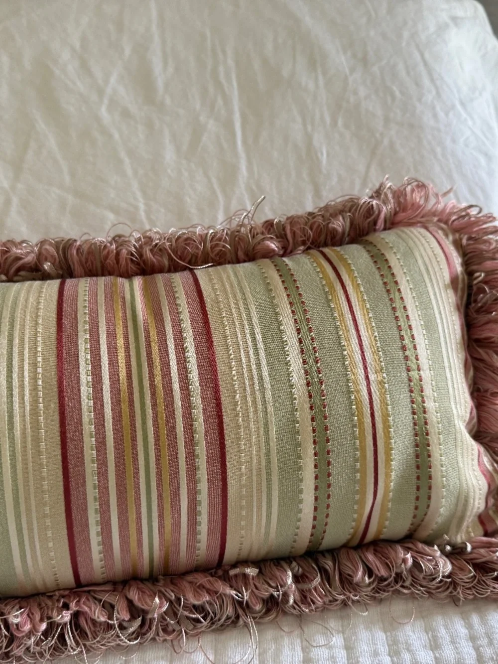 Striped Pink and Green Fringe Trimmed Bolster Pillow